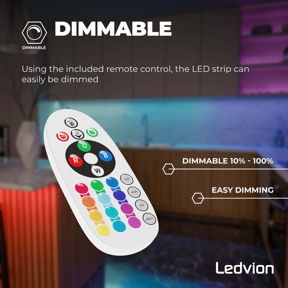 Ledvion Dimbare LED Strip – 10 Meter - RGB + 3000K – 24V - 23W - Plug & Play