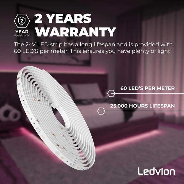 Ledvion Dimbare LED Strip – 10 Meter - RGB + 3000K – 24V - 23W - Plug & Play