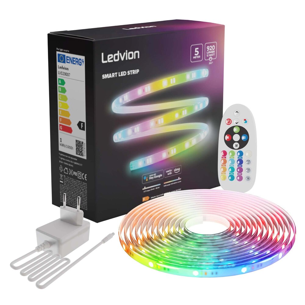 Ledvion Smart LED Strip – 5 Meter - RGB + CCT – 24V - 12W - Plug & Play