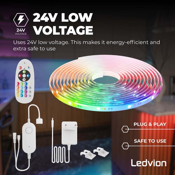 Ledvion Smart LED Strip – 5 Meter - RGB + CCT – 24V - 12W - Plug & Play
