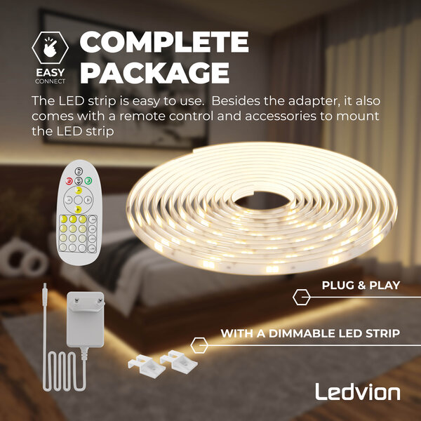 Ledvion Dimbare LED Strip – 5 Meter - 3000K-6500K – 24V - 13W - Plug & Play