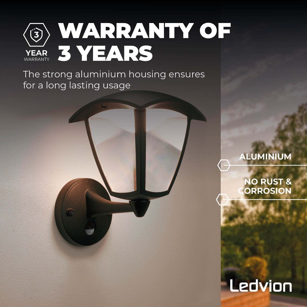 Ledvion LED Wandlamp Buiten met Bewegingssensor - Zwart - 3000K -  7W - IP44