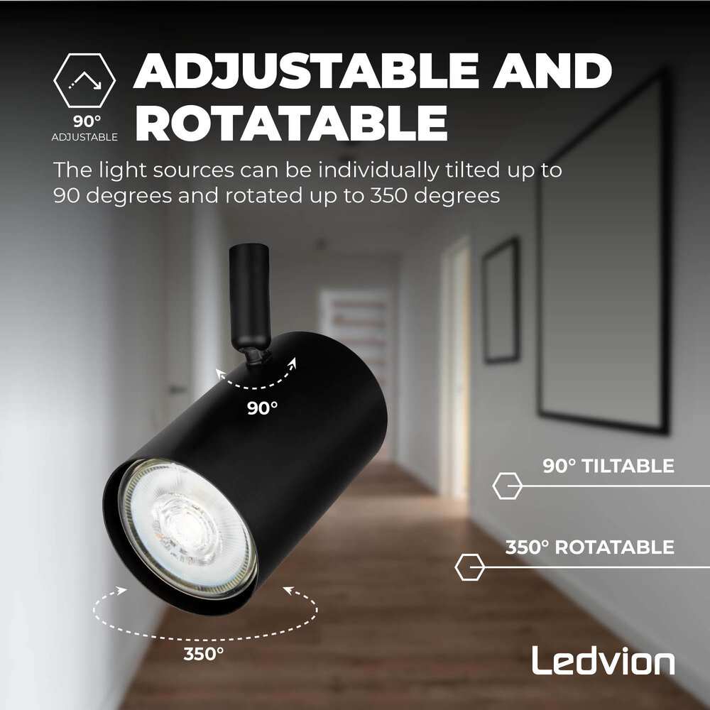 Ledvion LED Plafondspot Zwart 4-lichts - Kantelbaar - Dimbaar - GU10 fitting – Opbouw
