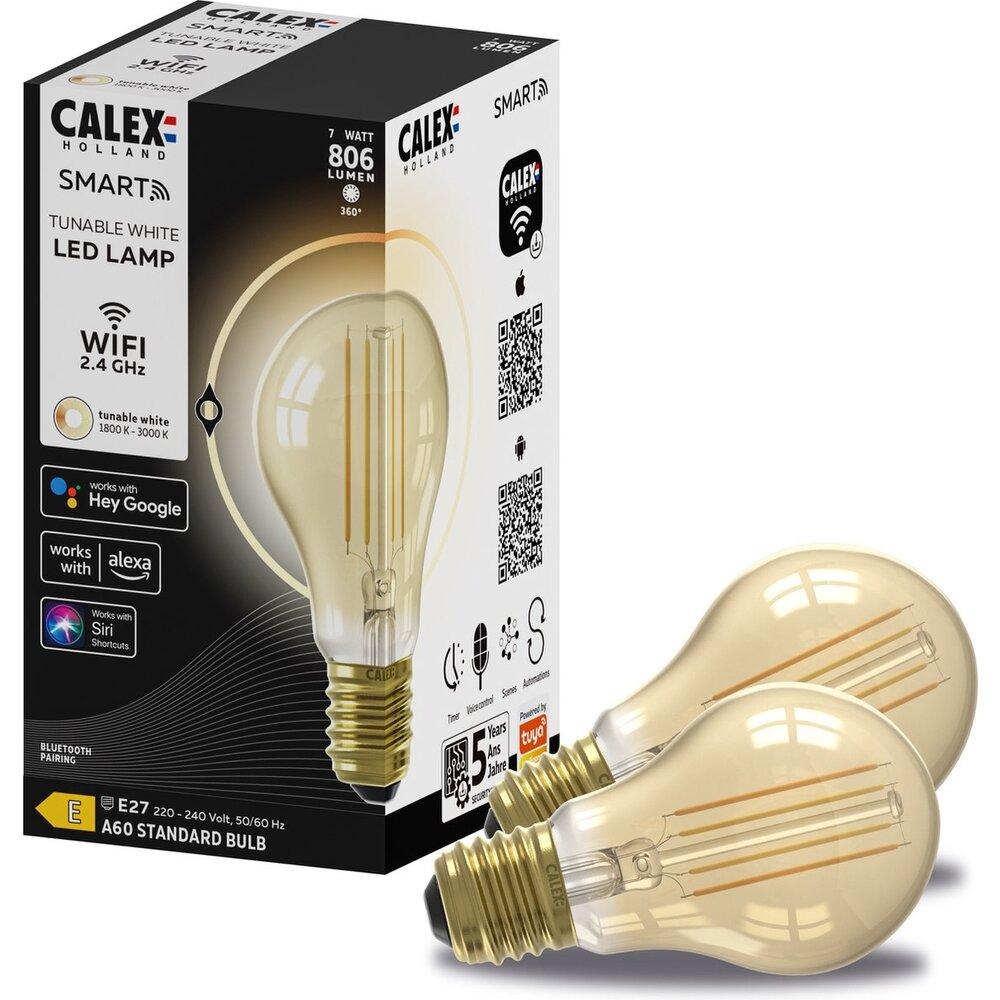 Calex 2x Calex Slimme LED Filament Lamp - Goud - Dimbaar - E27 - 7W - 1800K-3000K