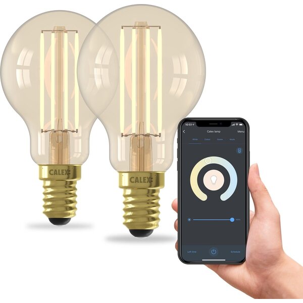 Calex 2x Calex Slimme LED Filament Lamp - Goud - Dimbaar - E14 - 7W - 1800K-3000K