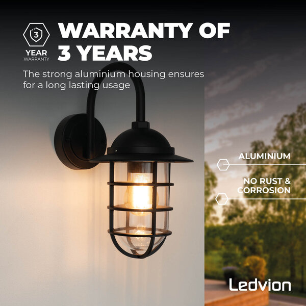 Ledvion LED Wandlamp Buiten - Zwart - Industrieel - IP44 - E27 Fitting