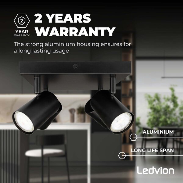 Ledvion LED Plafondspot Zwart 4-lichts - Dimbaar - 5W - 6500K - Kantelbaar