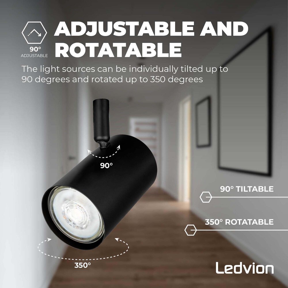 Ledvion LED Plafondspot Zwart 4-lichts - Dimbaar - 5W - 4000K - Kantelbaar