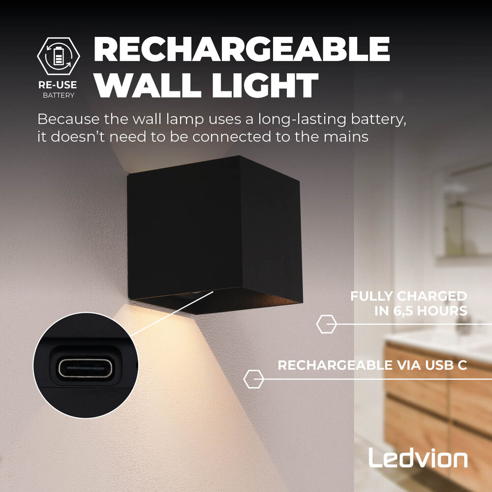 Ledvion USB Oplaadbare Wandlamp Zwart - Draadloos - 4400 mAh Accu - Geschikt voor Binnen & Buiten