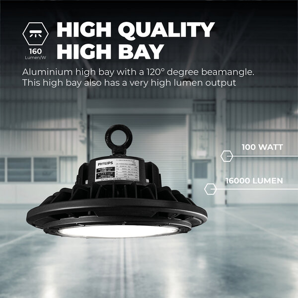 Lightexpert LED High Bay 100W - Philips Driver - 120° - 160lm/W - 6000K - IP65 - Dimbaar - 5 Jaar Garantie