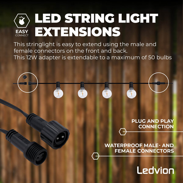 Ledvion 5,5m LED Prikkabel + 3m aansluitsnoer - 12V - IP44 - Koppelbaar - Incl. 10 LED Lampen - Plug & Play