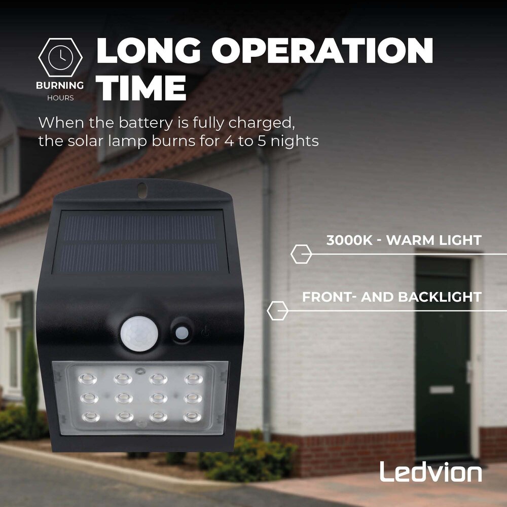 Ledvion Solar Wandlamp met Bewegingssensor - Zwart - 1.5W – 3000K