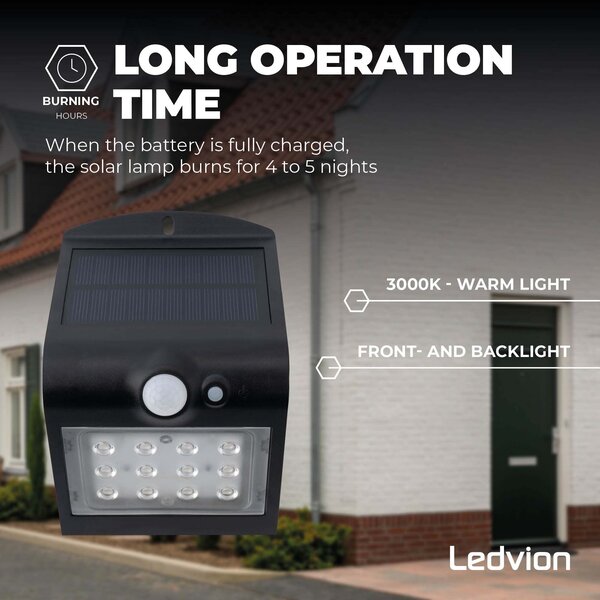 Ledvion Solar Wandlamp met Bewegingssensor - Zwart - 1.5W – 3000K