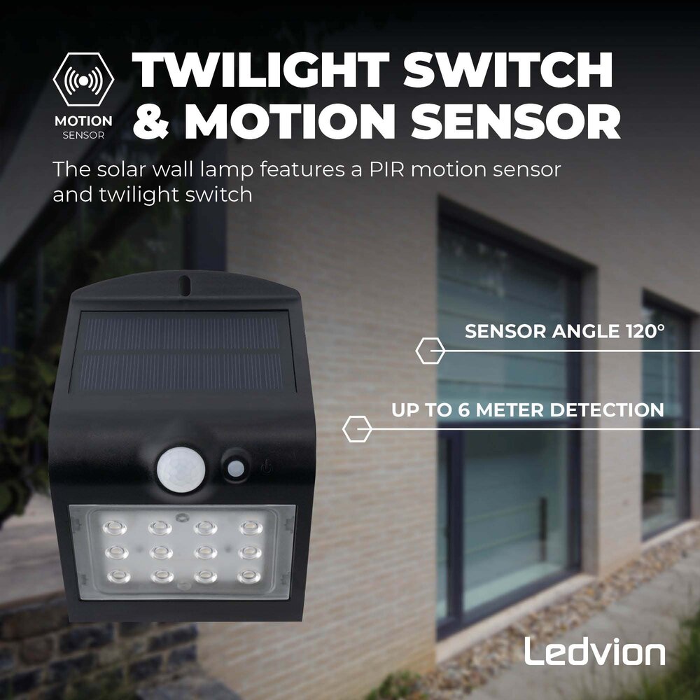 Ledvion Solar Wandlamp met Bewegingssensor - Zwart - 1.5W – 3000K