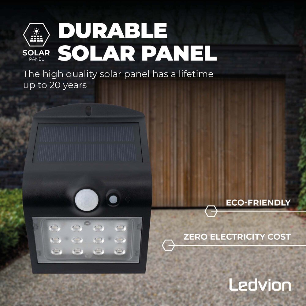 Ledvion Solar Wandlamp met Bewegingssensor - Zwart - 1.5W – 3000K