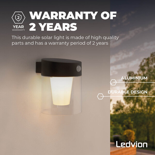 Ledvion LED Solar Wandlamp met Bewegingssensor - Zwart - IP44