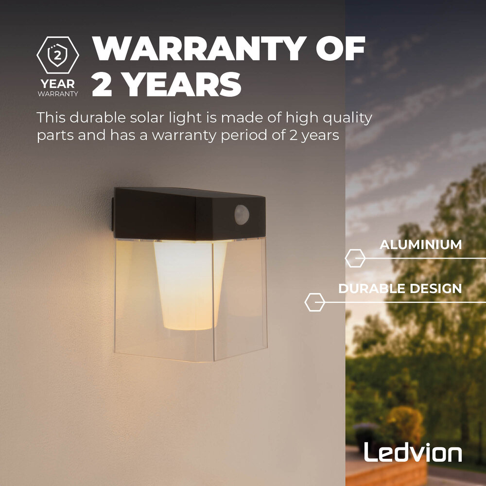 Ledvion LED Solar Wandlamp met Bewegingssensor - Zwart - IP44