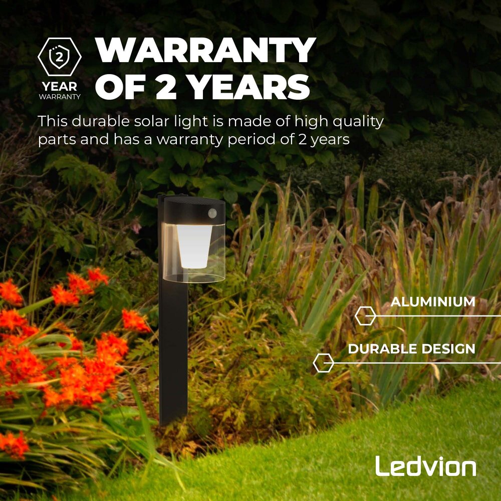 Ledvion LED Solar Staande Buitenlamp met Bewegingssensor - Zwart - IP44