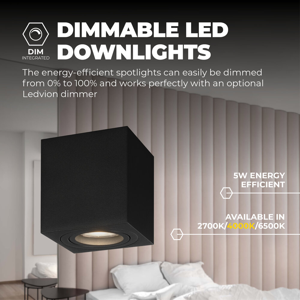 Ledvion Dimbare LED Opbouwspot - Vierkant - Zwart - 5W - 4000K - Kantelbaar