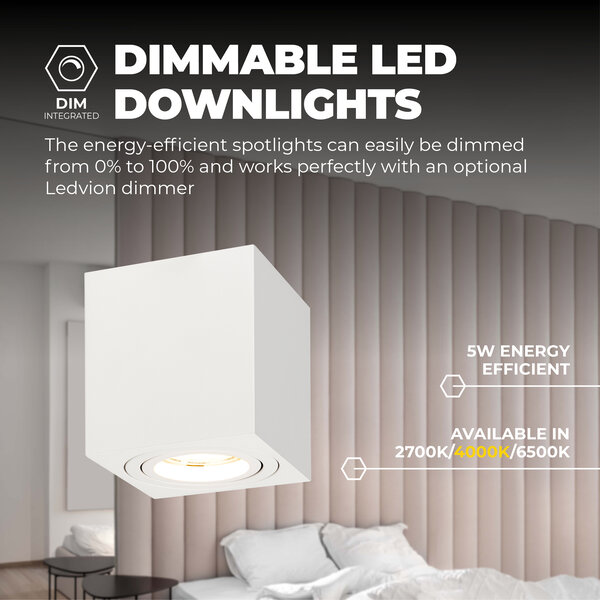 Ledvion Dimbare LED Opbouwspot - Vierkant - Wit - 3W - 4000K - Kantelbaar