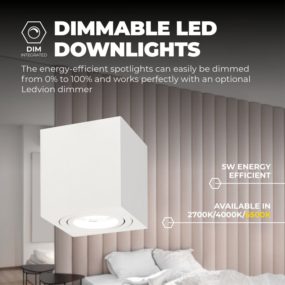 Ledvion Dimbare LED Opbouwspot - Vierkant - Wit - 3W - 6500K - Kantelbaar