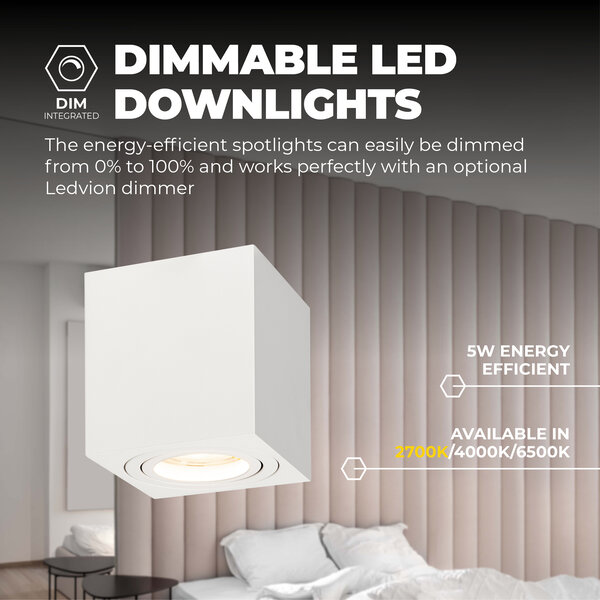 Ledvion Dimbare LED Opbouwspot - Vierkant - Wit - 5W - 2700K - Kantelbaar