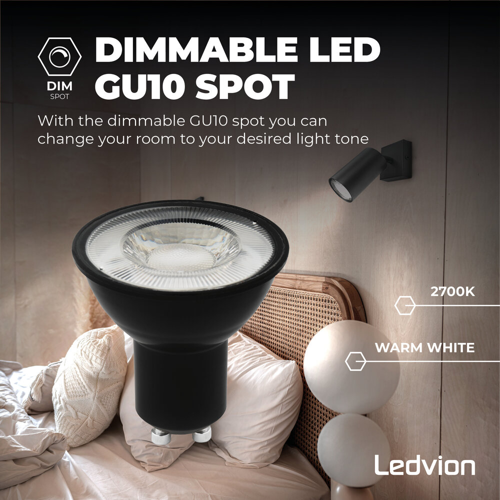 Ledvion 10x Dimbare GU10 LED Spots - 3W - 2700K - Zwart - Voordeelverpakking