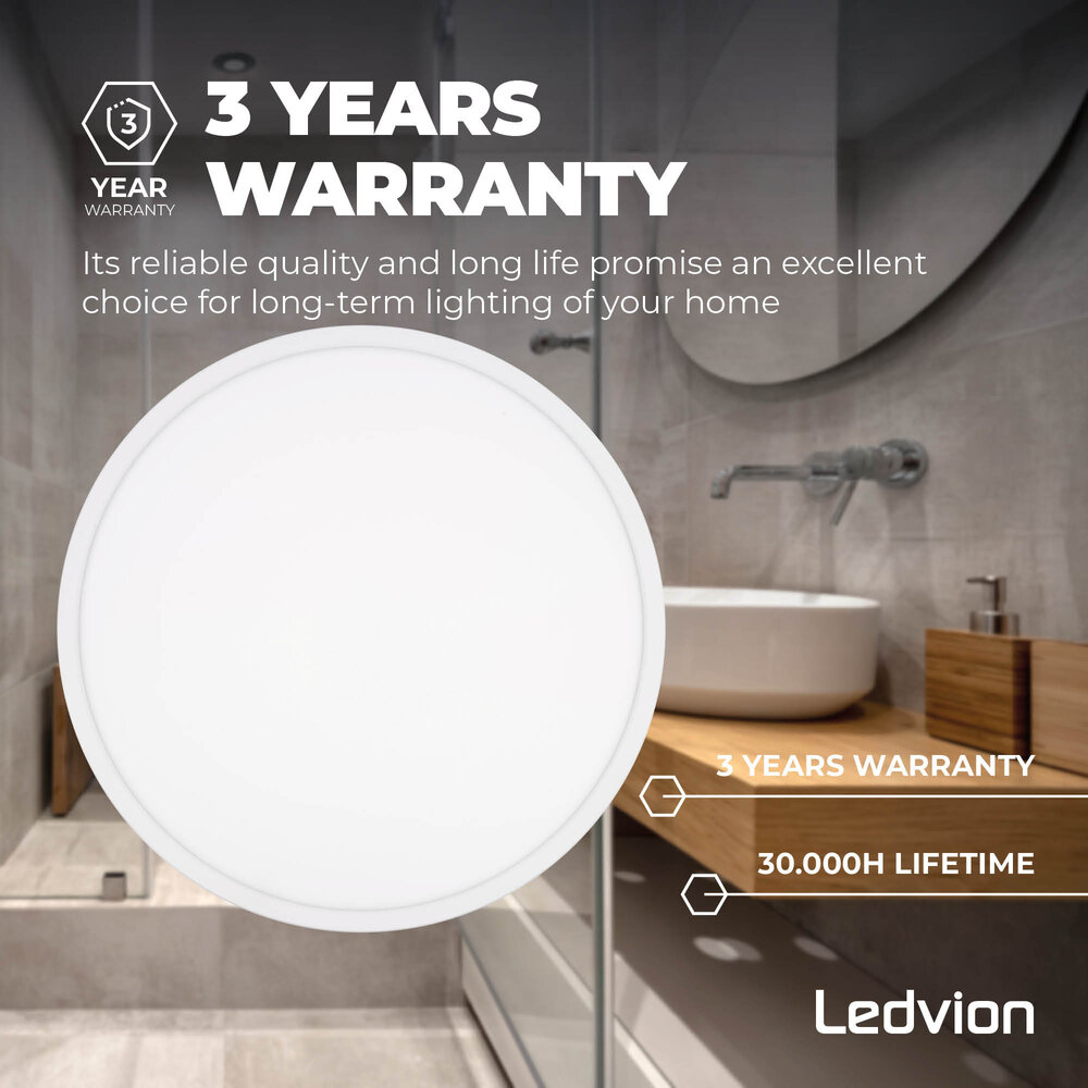 Ledvion Badkamer Plafondlamp - 24W - 2040 Lumen - Wit - Ø42 CM - IP44 Waterdicht - 2700K - LED Plafonniere