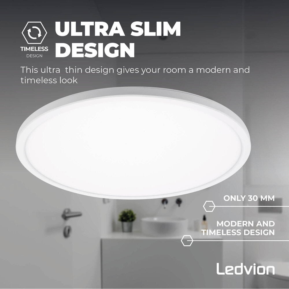 Ledvion Badkamer Plafondlamp - 24W - 2040 Lumen - Wit - Ø42 CM - IP44 Waterdicht - 2700K - LED Plafonniere