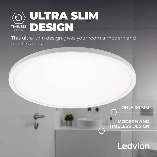 Ledvion Badkamer Plafondlamp - 24W - 2040 Lumen - Wit - Ø42 CM - IP44 Waterdicht - 2700K - LED Plafonniere