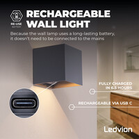 Ledvion USB Oplaadbare Wandlamp Antraciet - Draadloos - 4000 mAh Accu - Geschikt voor Binnen & Buiten