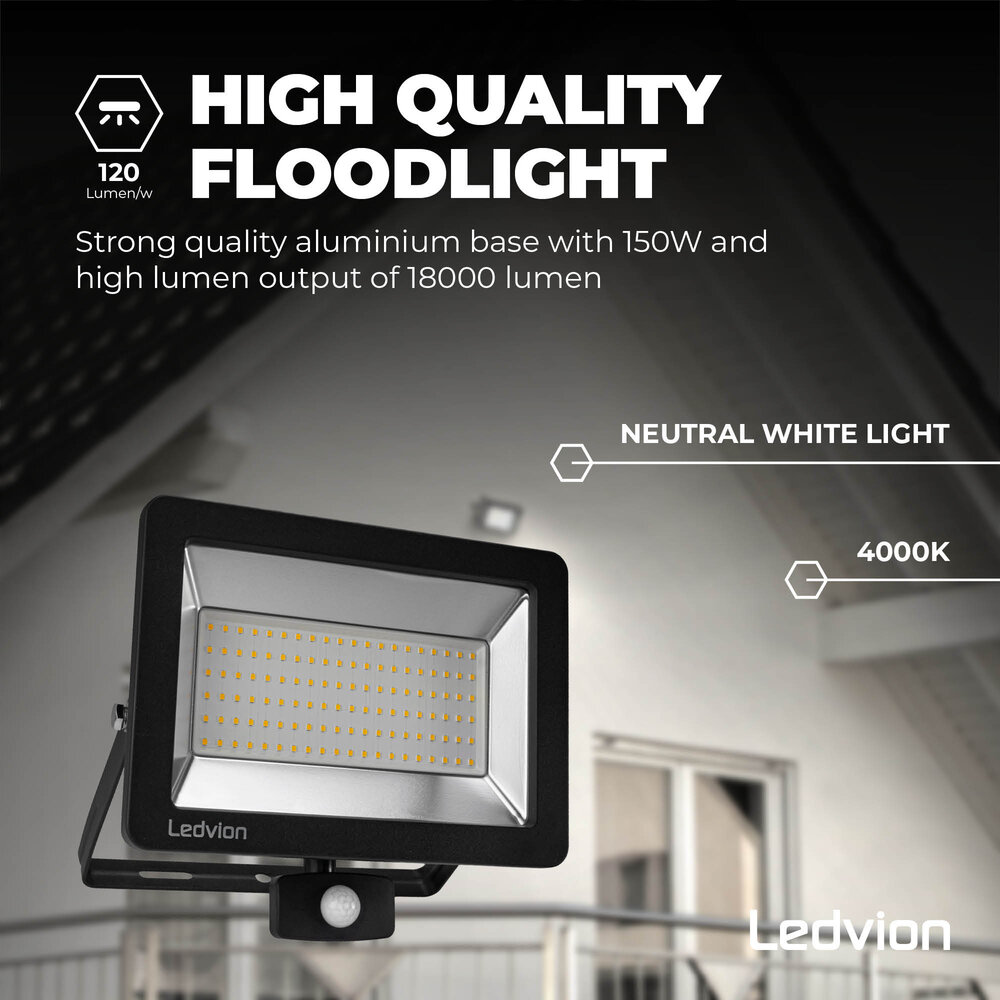 Ledvion LED Breedstraler met Sensor 150W - Osram LED Chips - 4000K - Quick Connector - 5 Jaar garantie