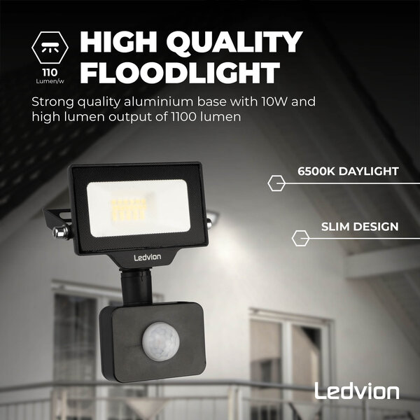 Ledvion LED Breedstraler met Sensor 10W - Osram LED Chips - 1100 Lumen - 6500K
