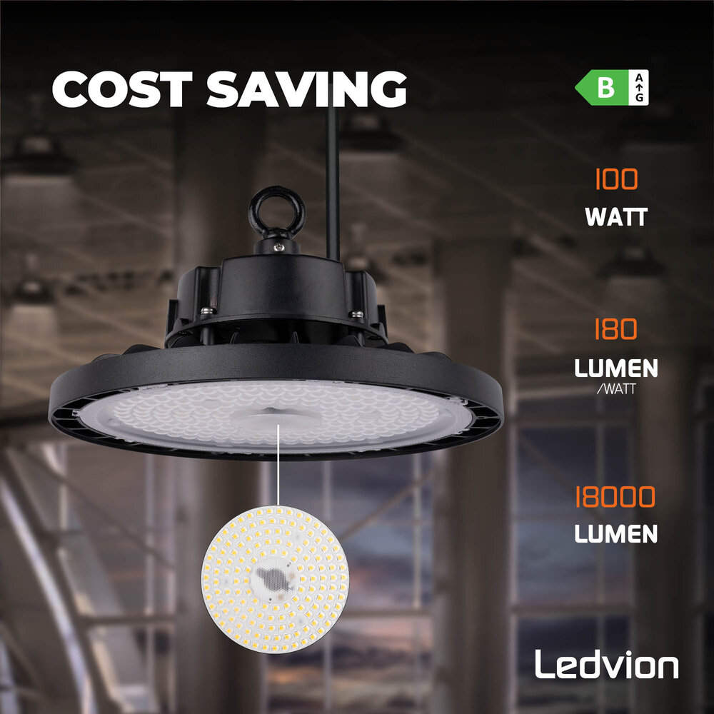 Ledvion LED High Bay 100W - 5 jaar garantie - 120° - 180lm/W - 4000K - IP65 - Dimbaar - Sosen Driver
