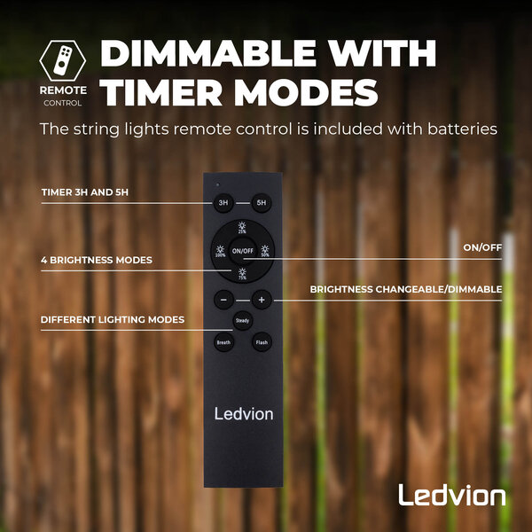Ledvion 5,5m LED Prikkabel met Afstandsbediening + 3m aansluitsnoer - G40 - 2700K - 12V - IP44 - Koppelbaar - Incl. 10 LED Lampen - Plug & Play