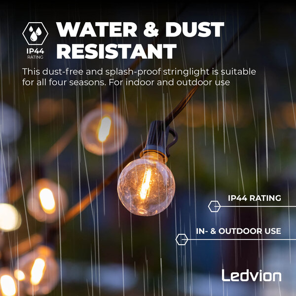 Ledvion 5,5m LED Prikkabel met Afstandsbediening + 3m aansluitsnoer - G40 - 2700K - 12V - IP44 - Koppelbaar - Incl. 10 LED Lampen - Plug & Play