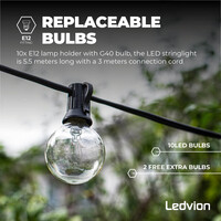 Ledvion 5,5m LED Prikkabel met Afstandsbediening + 3m aansluitsnoer - G40 - 2700K - 12V - IP44 - Koppelbaar - Incl. 10 LED Lampen - Plug & Play