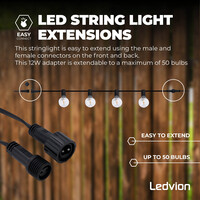Ledvion 5,5m LED Prikkabel met Afstandsbediening + 3m aansluitsnoer - G40 - 2700K - 12V - IP44 - Koppelbaar - Incl. 10 LED Lampen - Plug & Play