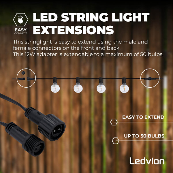 Ledvion 5,5m LED Prikkabel met Afstandsbediening + 3m aansluitsnoer - G40 - 2700K - 12V - IP44 - Koppelbaar - Incl. 10 LED Lampen - Plug & Play