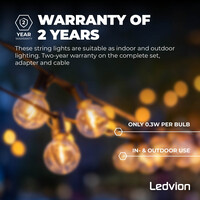 Ledvion 5,5m LED Prikkabel met Afstandsbediening + 3m aansluitsnoer - G40 - 2700K - 12V - IP44 - Koppelbaar - Incl. 10 LED Lampen - Plug & Play