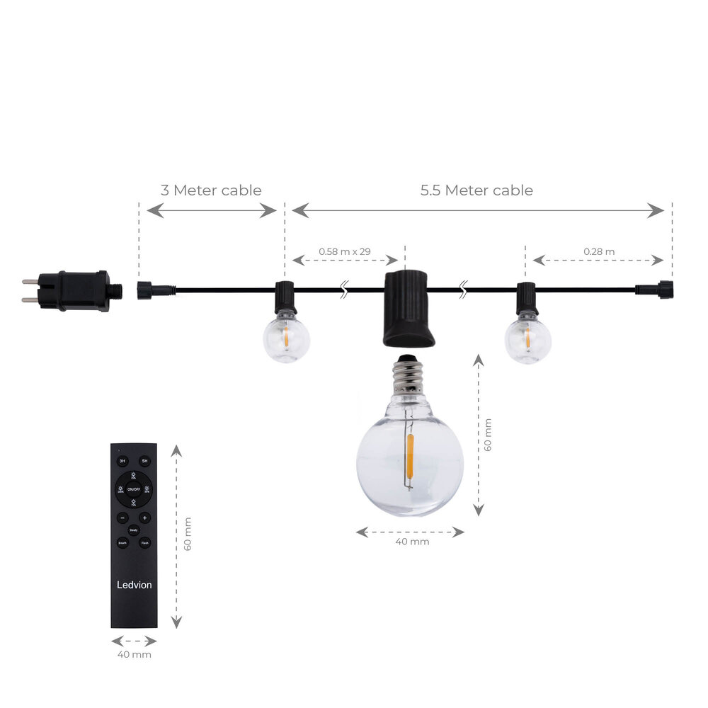 Ledvion 5,5m LED Prikkabel met Afstandsbediening + 3m aansluitsnoer - G40 - 2700K - 12V - IP44 - Koppelbaar - Incl. 10 LED Lampen - Plug & Play