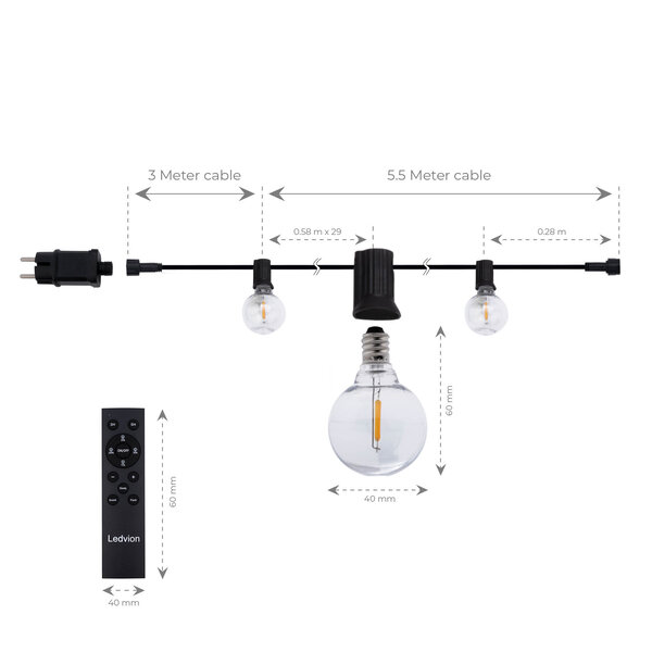 Ledvion 5,5m LED Prikkabel met Afstandsbediening + 3m aansluitsnoer - G40 - 2700K - 12V - IP44 - Koppelbaar - Incl. 10 LED Lampen - Plug & Play