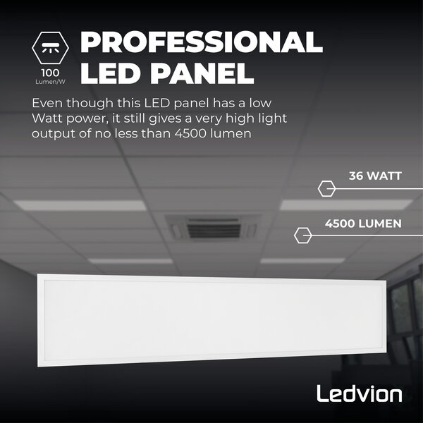 Ledvion Lumileds LED Paneel 30x120 - 36W - 4000K - 125 lm/W - UGR <22 - 5 Jaar Garantie - Incl. Dimbare LED Driver