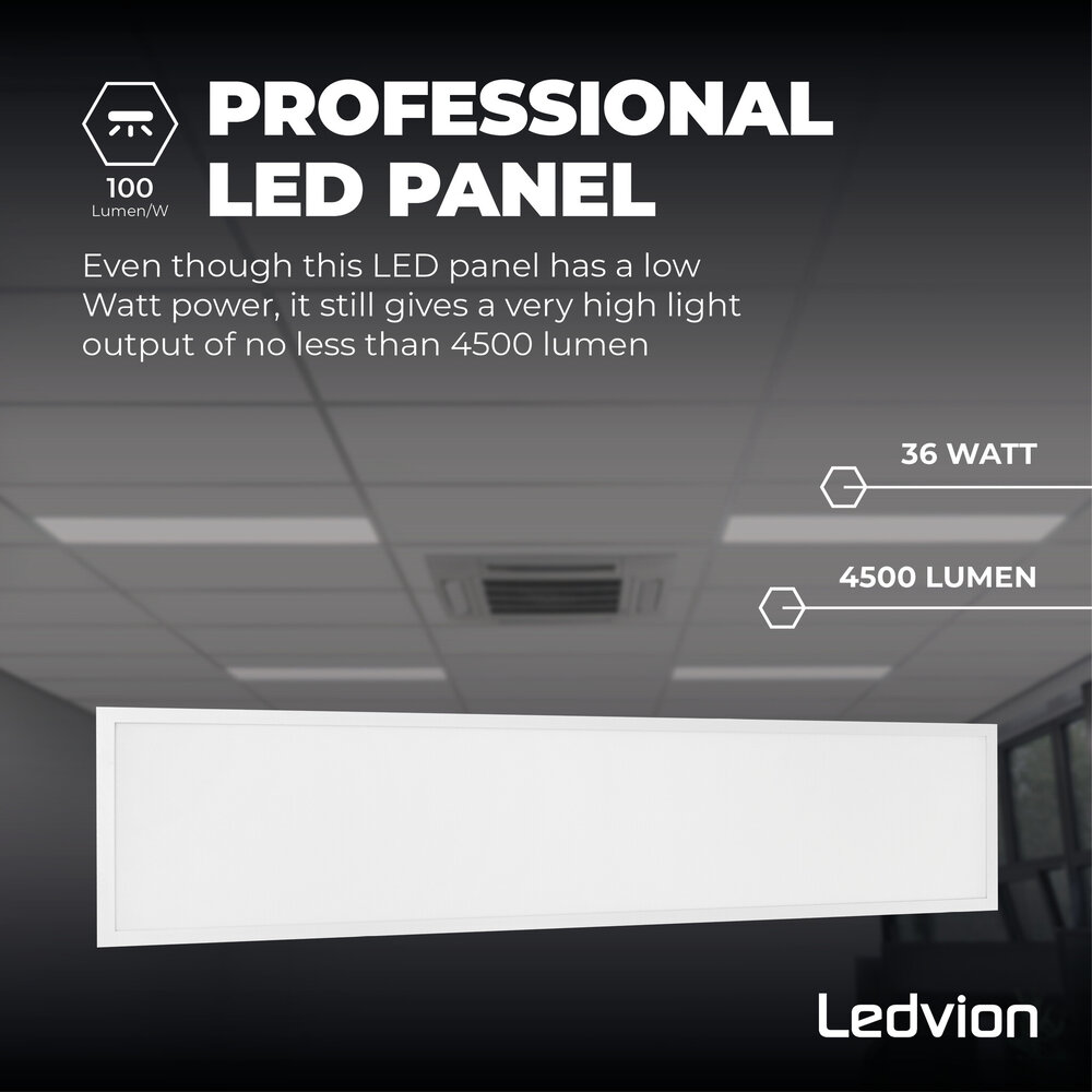 Ledvion Lumileds LED Paneel 30x120 - 36W - 6500K - 125 lm/W - UGR <22 - 5 Jaar Garantie - Incl. Dimbare LED Driver