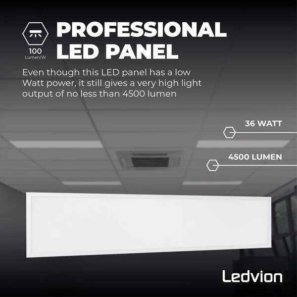 Ledvion Lumileds LED Paneel 30x120 - 36W - 6500K - 125 lm/W - UGR <22 - 5 Jaar Garantie - Incl. Dimbare LED Driver