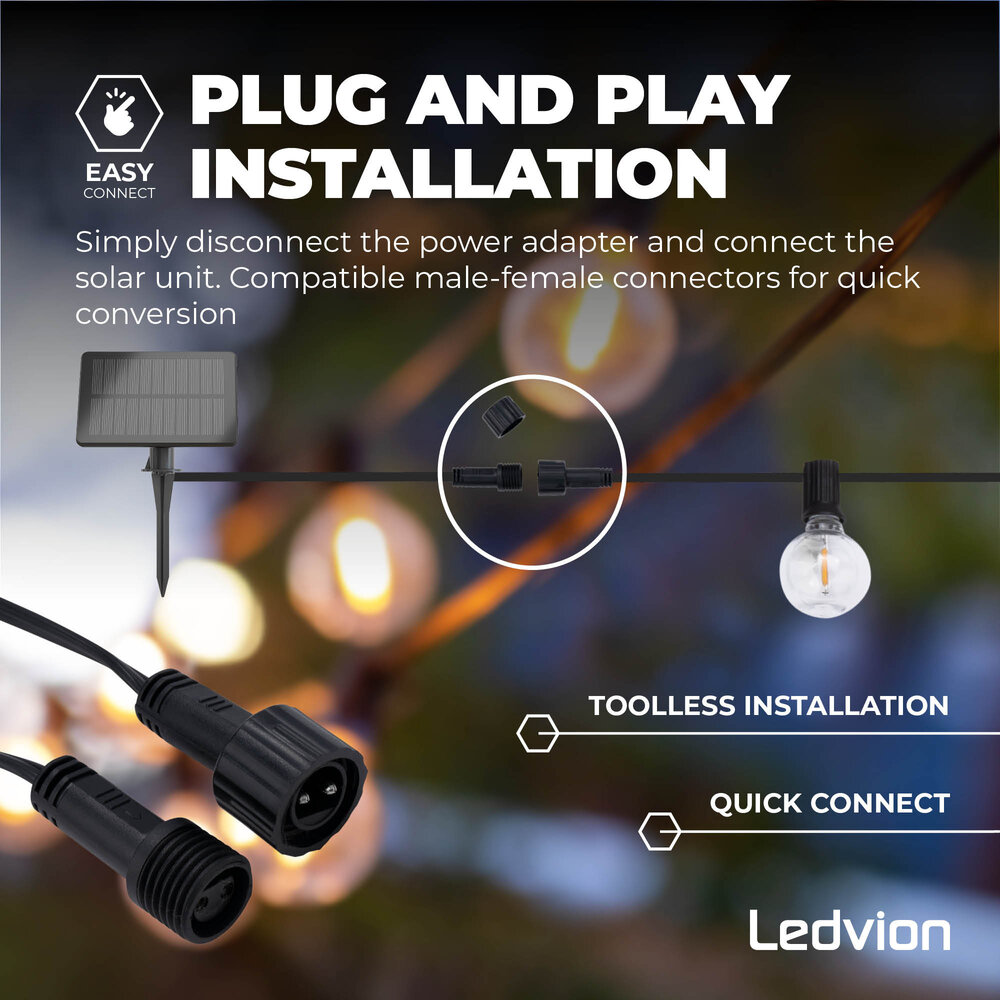 Ledvion 5,5m Solar LED Prikkabel + 3m aansluitsnoer - G40 - 2700K - 12V - IP44 - Koppelbaar - Incl. 10 LED Lampen - Plug & Play