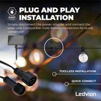 Ledvion 5,5m Solar LED Prikkabel + 3m aansluitsnoer - G40 - 2700K - 12V - IP44 - Koppelbaar - Incl. 10 LED Lampen - Plug & Play