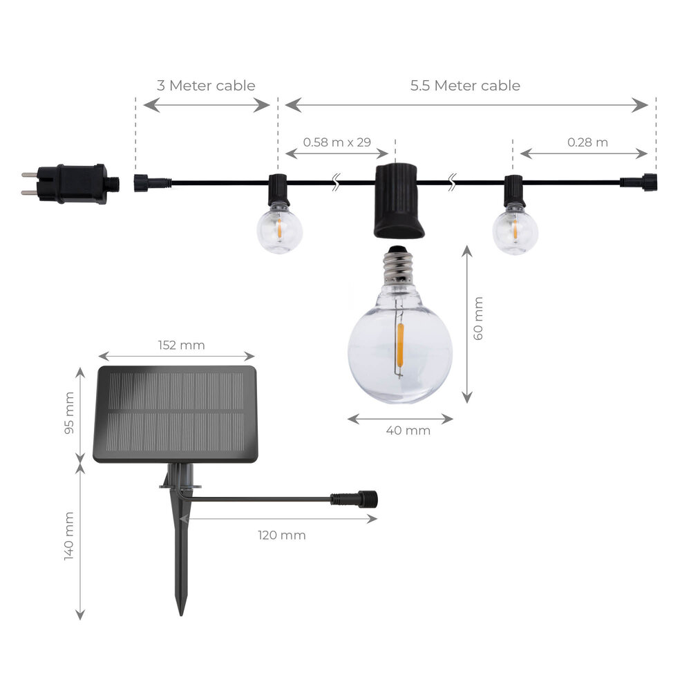 Ledvion 5,5m Solar LED Prikkabel + 3m aansluitsnoer - G40 - 2700K - 12V - IP44 - Koppelbaar - Incl. 10 LED Lampen - Plug & Play
