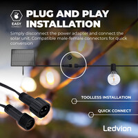 Ledvion 27m Solar LED Prikkabel + 3m aansluitsnoer - G40 - 2700K - 12V - IP44 - Koppelbaar - Incl. 50 LED Lampen - Plug & Play