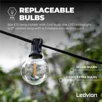 Ledvion 27m Solar LED Prikkabel + 3m aansluitsnoer - G40 - 2700K - 12V - IP44 - Koppelbaar - Incl. 50 LED Lampen - Plug & Play